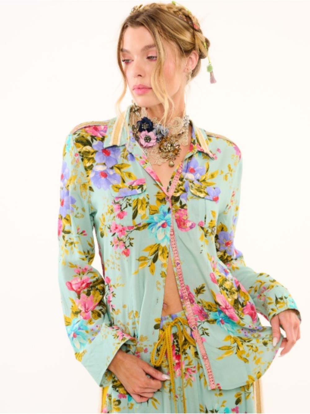 🌸 Aratta Silent Journey Eva’s Charm Blouse Teal Floral Gold Detail NWT S
